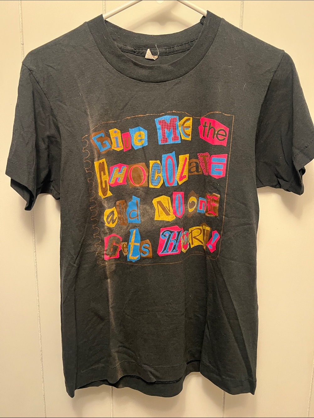Vintage 1993  Black Graphic Tee - 'Give Me the Chocolate' small